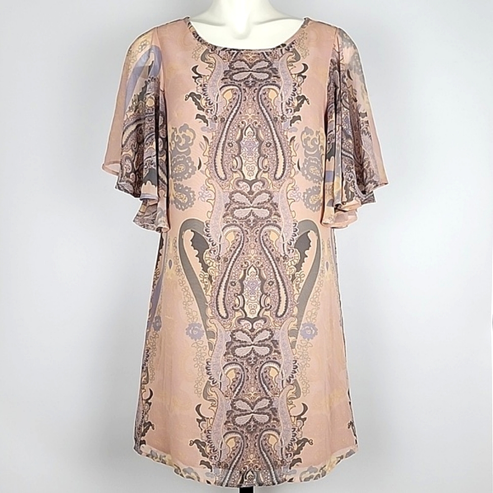 Women's Paisley Print Soft Blush Taupe Dress Butterfly Sleeves Chiffon 10